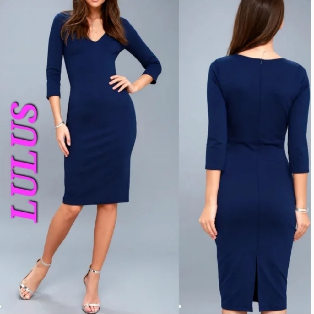 Lulu's Navy Blue Midi Sheath Dress